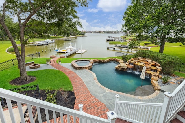 1206 Spring Cress Ln, Seabrook, TX 77586 - view of pool with a fire pit, a boat dock, and a water view
