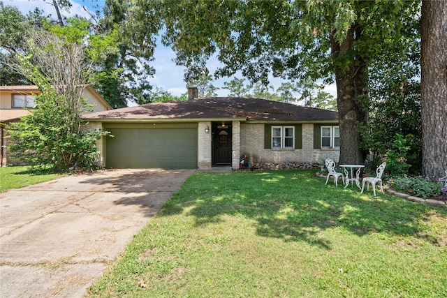 4931 Glendower Dr, Spring, TX 77373 - ranch-style house featuring a garage, brick siding, a front yard, concrete driveway, and a chimney