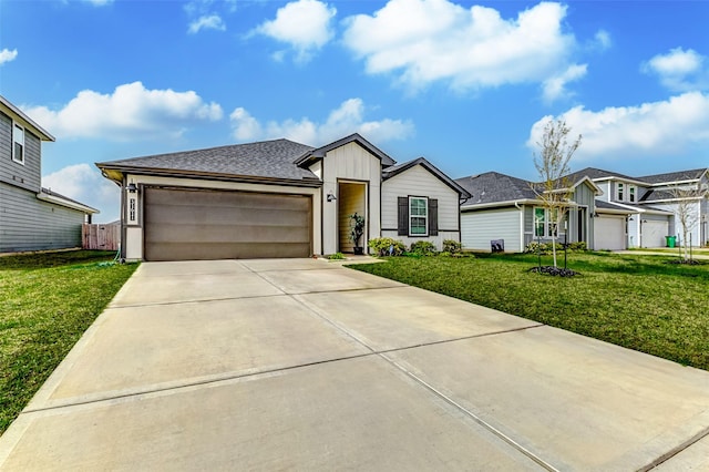 31611 Farlam Farms Trl, Fulshear, TX 77441 - single story home featuring a garage, a front yard, concrete driveway, and board and batten siding