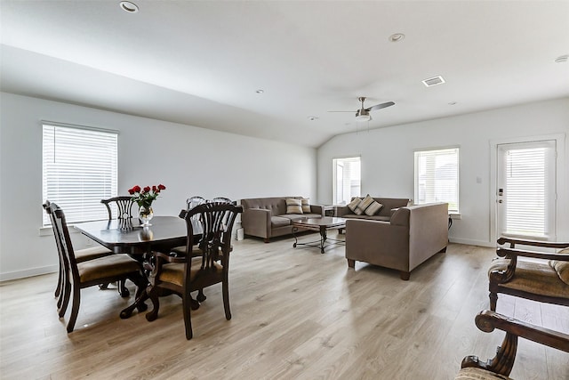 31611 Farlam Farms Trl, Fulshear, TX 77441 - dining area featuring light wood-type flooring, ceiling fan, baseboards, and lofted ceiling