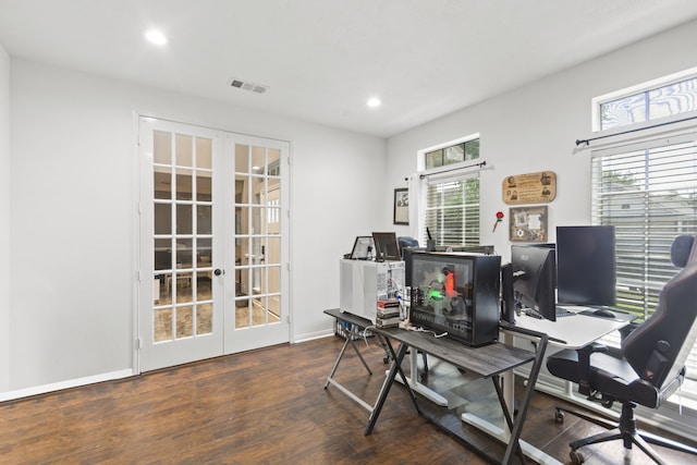 4914 Fern Cove Dr, Baytown, TX 77521 - office area featuring french doors, wood finished floors, recessed lighting, plenty of natural light, and baseboards