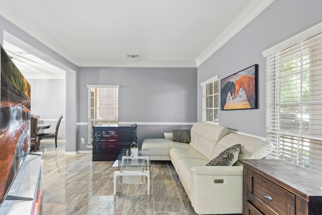 4914 Fern Cove Dr, Baytown, TX 77521 - living room featuring crown molding and marble tiled floors