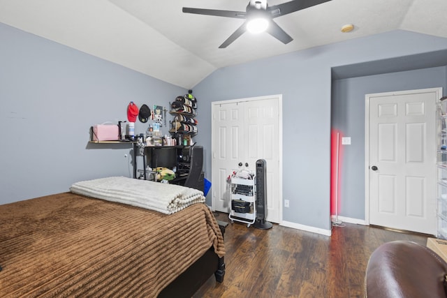 4914 Fern Cove Dr, Baytown, TX 77521 - bedroom featuring lofted ceiling, wood finished floors, a closet, and ceiling fan