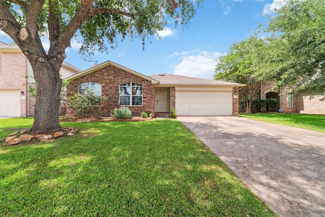 8123 Solara Bnd, Houston, TX 77083 - ranch-style home featuring brick siding, concrete driveway, an attached garage, and a front yard