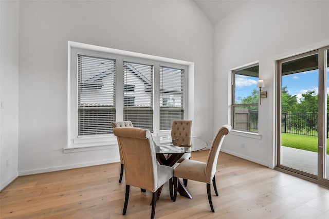510 Rita Blanca Dr, Webster, TX 77598 - dining room with healthy amount of natural light, light wood finished floors, baseboards, and high vaulted ceiling