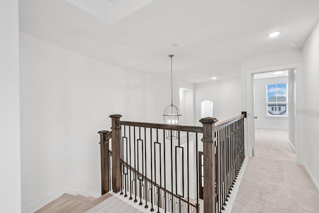 510 Rita Blanca Dr, Webster, TX 77598 - corridor with an upstairs landing, baseboards, recessed lighting, and a chandelier
