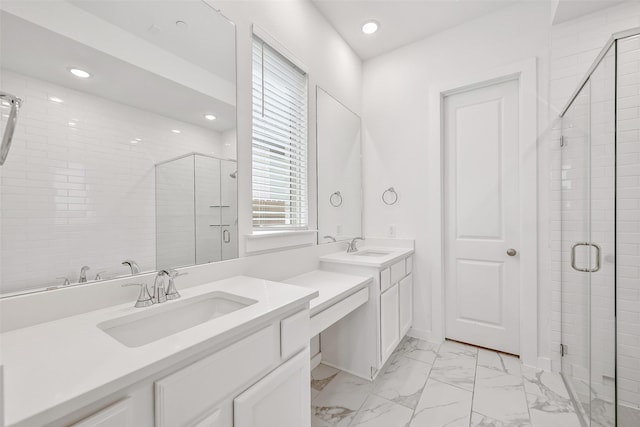 510 Rita Blanca Dr, Webster, TX 77598 - bathroom with a stall shower, marble look tiles, recessed lighting, and two vanities