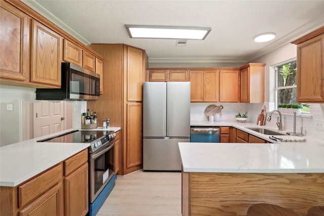 240 Sleepy Hollow Dr, Lake Jackson, TX 77566 - kitchen featuring appliances with stainless steel finishes, a sink, a peninsula, light wood-style flooring, and backsplash