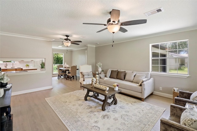 240 Sleepy Hollow Dr, Lake Jackson, TX 77566 - living room with a ceiling fan, crown molding, wood finished floors, baseboards, and a textured ceiling