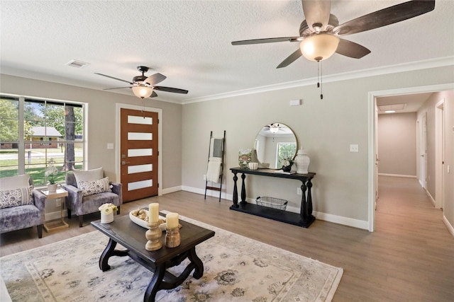 240 Sleepy Hollow Dr, Lake Jackson, TX 77566 - living area with a ceiling fan, wood finished floors, a textured ceiling, baseboards, and attic access