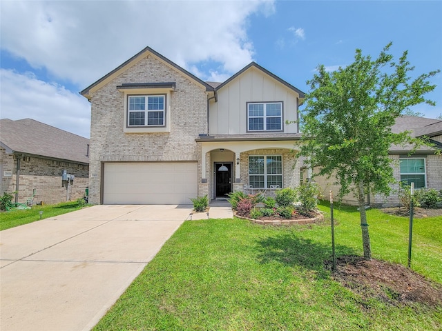 3430 Hughes Meadow Way, Richmond, TX 77406 - traditional home with board and batten siding, an attached garage, brick siding, concrete driveway, and a front yard