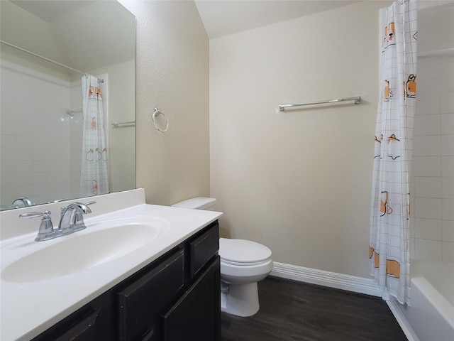 3430 Hughes Meadow Way, Richmond, TX 77406 - bathroom with toilet, wood finished floors, vanity, baseboards, and shower / bath combination with curtain