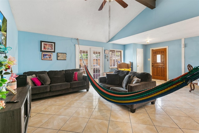 living room with light tile patterned floors and a ceiling fan