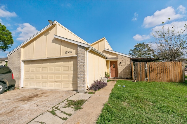 mid-century home featuring a garage, driveway, and a front lawn