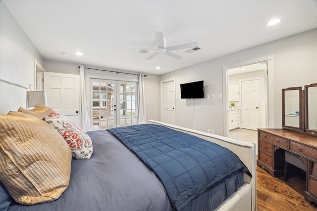 12310 Woodthorpe Ln, Houston, TX 77024 - bedroom with wood finished floors, french doors, access to exterior, recessed lighting, and ceiling fan