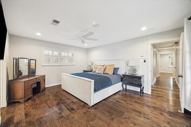 12310 Woodthorpe Ln, Houston, TX 77024 - bedroom featuring attic access, dark wood-style floors, recessed lighting, baseboards, and ceiling fan