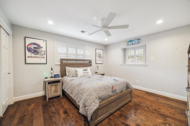 12310 Woodthorpe Ln, Houston, TX 77024 - bedroom with baseboards, dark wood finished floors, recessed lighting, a closet, and ceiling fan
