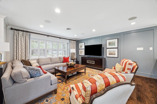 12310 Woodthorpe Ln, Houston, TX 77024 - living area featuring ornamental molding, wood finished floors, and recessed lighting