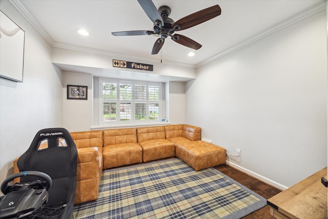 12310 Woodthorpe Ln, Houston, TX 77024 - living area featuring ornamental molding, wood finished floors, ceiling fan, baseboards, and recessed lighting