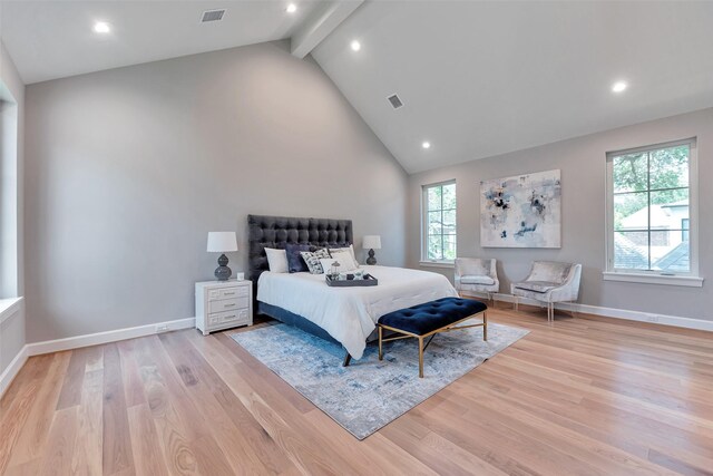 3314 La Salle St, Houston, TX 77027 - bedroom with multiple windows, beamed ceiling, light wood-style flooring, high vaulted ceiling, and recessed lighting