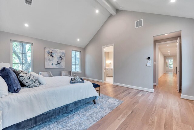 3314 La Salle St, Houston, TX 77027 - bedroom with multiple windows, light wood-style flooring, recessed lighting, beam ceiling, and high vaulted ceiling