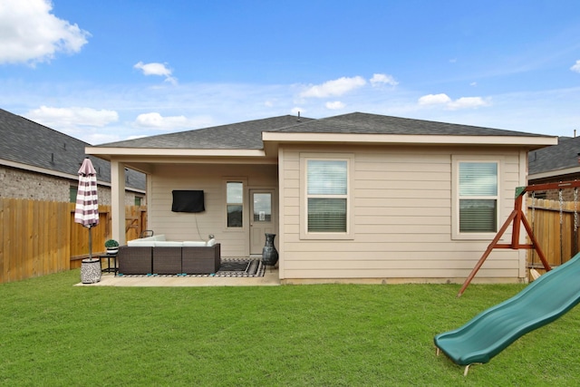 17723 Chartertree Ln, Tomball, TX 77377 - back of house featuring an outdoor hangout area, a playground, and a patio area