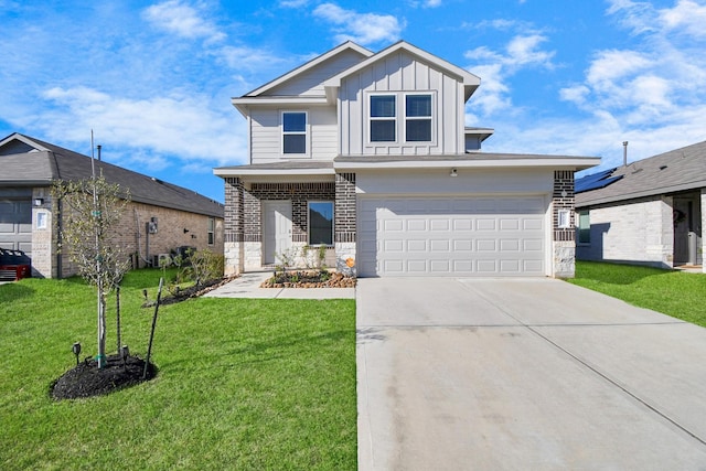 5227 Castlebury Meadows Dr, Spring, TX 77373 - view of front of house with board and batten siding, a garage, driveway, a front yard, and brick siding