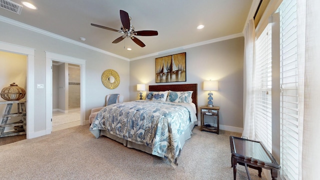985 Sue Dr, Crystal Beach, TX 77650 - bedroom featuring carpet floors, recessed lighting, baseboards, crown molding, and ceiling fan