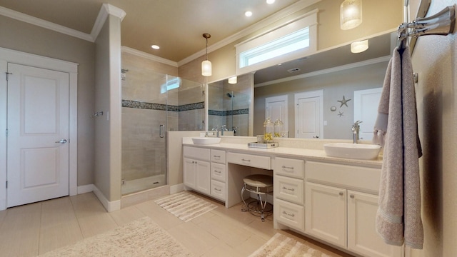 985 Sue Dr, Crystal Beach, TX 77650 - full bath featuring crown molding, a stall shower, double vanity, tile patterned flooring, and recessed lighting