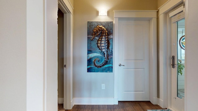 985 Sue Dr, Crystal Beach, TX 77650 - hall featuring dark wood finished floors and baseboards