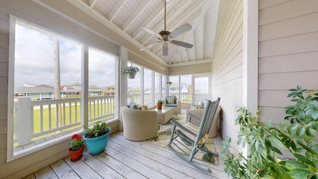 985 Sue Dr, Crystal Beach, TX 77650 - sunroom / solarium featuring a ceiling fan, wood-type flooring, vaulted ceiling, wooden ceiling, and an outdoor living space