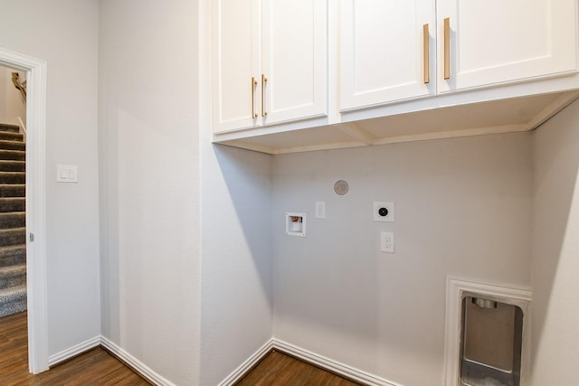 209 Cambria Green Ln, Katy, TX 77493 - washroom with cabinet space, dark wood-style flooring, hookup for an electric dryer, and washer hookup