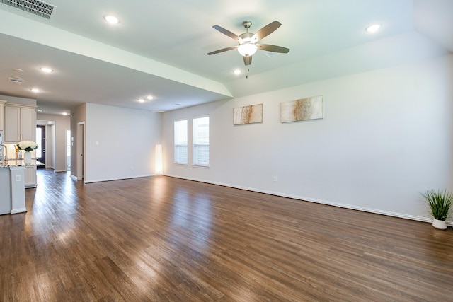 209 Cambria Green Ln, Katy, TX 77493 - unfurnished living room with dark wood-style flooring, a ceiling fan, recessed lighting, and baseboards