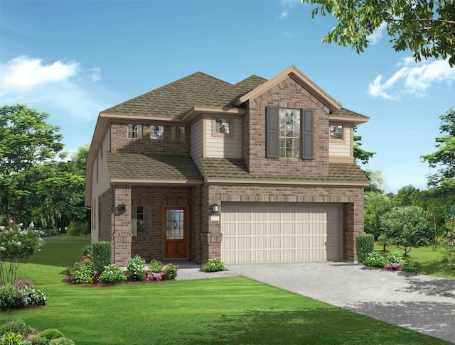 7911 Palm Sails Ln, Cypress, TX 77433 - view of front facade with a garage, brick siding, a front lawn, driveway, and a shingled roof