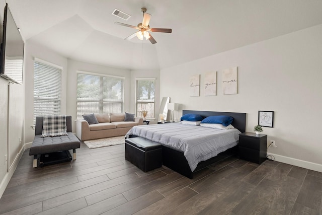 17222 Fable Springs Ln, Cypress, TX 77433 - bedroom featuring dark wood-style floors, baseboards, a ceiling fan, and vaulted ceiling