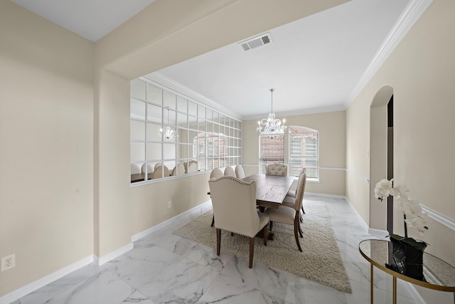 3627 Grand Promenade Ln, Stafford, TX 77477 - dining area with crown molding, marble look tiles, a chandelier, arched walkways, and baseboards