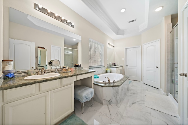 3627 Grand Promenade Ln, Stafford, TX 77477 - full bath with marble finish flooring, a stall shower, ornamental molding, vanity, and a bath