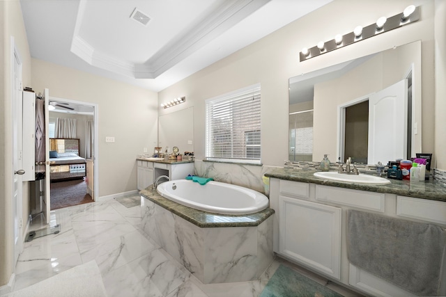 3627 Grand Promenade Ln, Stafford, TX 77477 - ensuite bathroom featuring a bath, marble finish floors, vanity, ornamental molding, and a stall shower