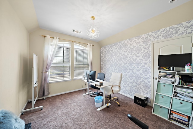 3627 Grand Promenade Ln, Stafford, TX 77477 - carpeted office featuring a chandelier, baseboards, lofted ceiling, and wallpapered walls