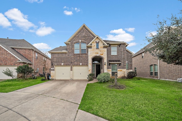 3627 Grand Promenade Ln, Stafford, TX 77477 - french country inspired facade featuring a garage, concrete driveway, brick siding, and a front yard