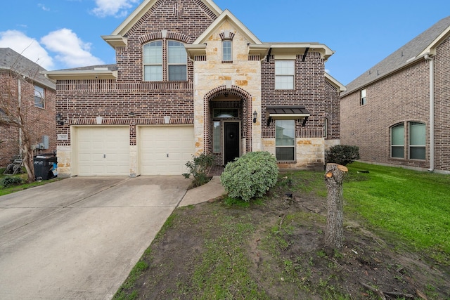 3627 Grand Promenade Ln, Stafford, TX 77477 - view of front of house featuring an attached garage, concrete driveway, brick siding, and a front lawn