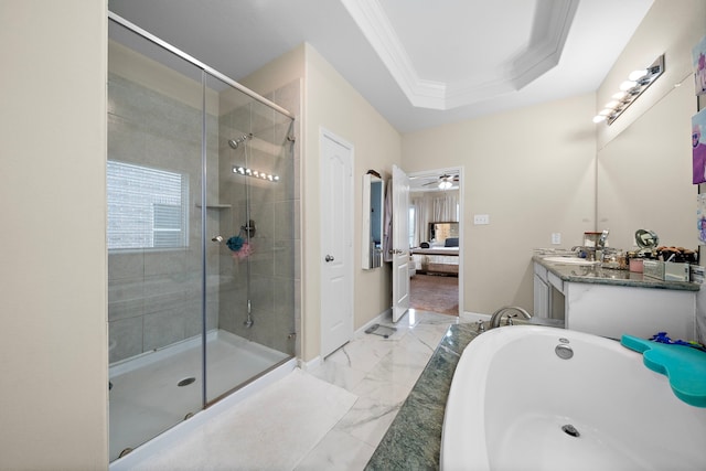 3627 Grand Promenade Ln, Stafford, TX 77477 - full bathroom featuring ensuite bathroom, a stall shower, marble finish flooring, ornamental molding, and a tub