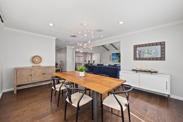 3531 Westridge St, Houston, TX 77025 - dining space featuring ornamental molding, recessed lighting, a chandelier, dark wood-type flooring, and baseboards