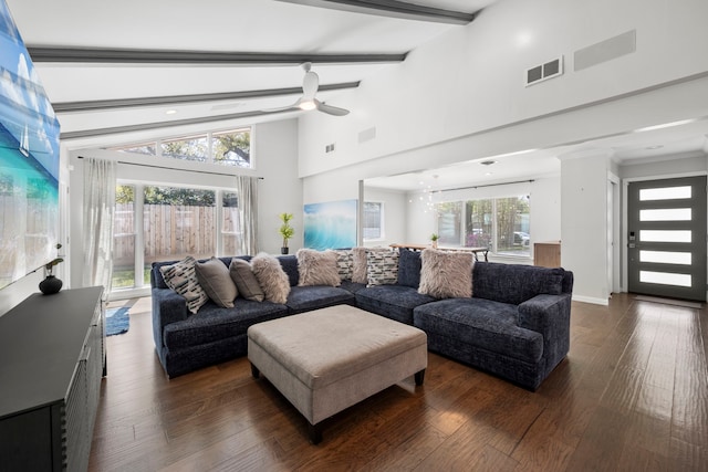 3531 Westridge St, Houston, TX 77025 - living area with dark wood-type flooring, ceiling fan, beamed ceiling, and high vaulted ceiling