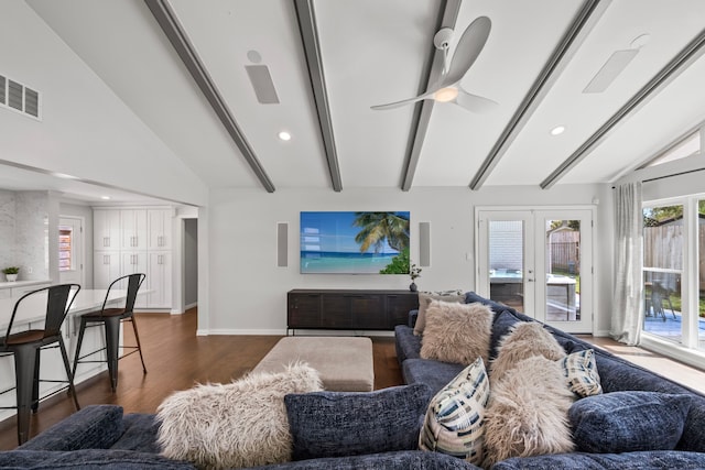 3531 Westridge St, Houston, TX 77025 - living room with dark wood finished floors, french doors, ceiling fan, recessed lighting, and baseboards
