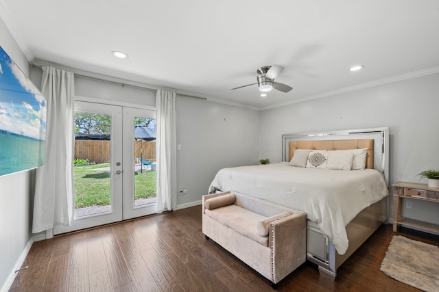 3531 Westridge St, Houston, TX 77025 - bedroom featuring access to exterior, french doors, baseboards, dark wood-style flooring, and recessed lighting