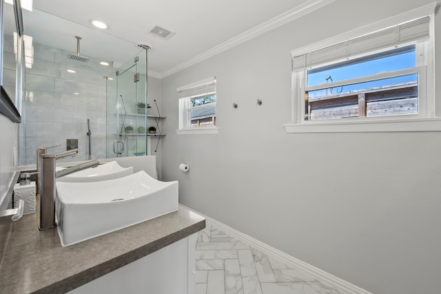 3531 Westridge St, Houston, TX 77025 - full bath with marble look tiles, a stall shower, crown molding, vanity, and baseboards