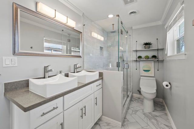 3531 Westridge St, Houston, TX 77025 - full bathroom with marble look tiles, a shower stall, ornamental molding, baseboards, and double vanity