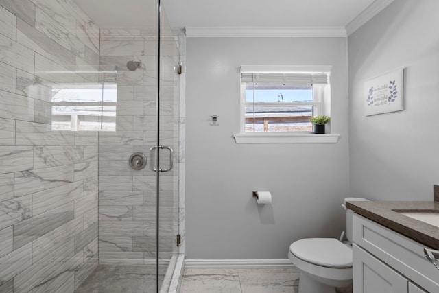 3531 Westridge St, Houston, TX 77025 - full bathroom featuring marble finish flooring, vanity, toilet, a stall shower, and baseboards