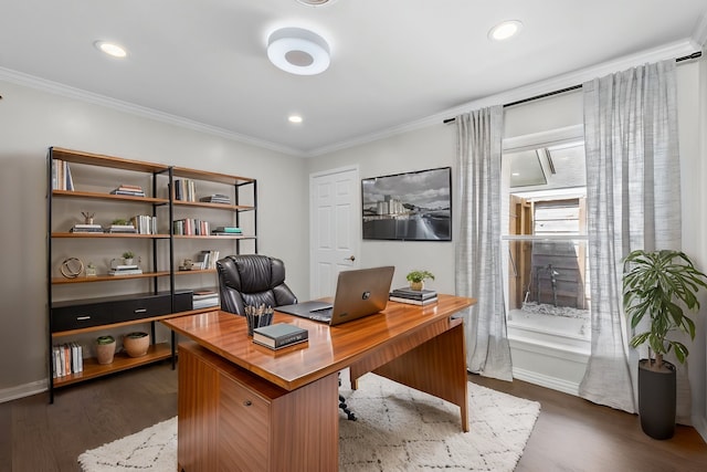 3531 Westridge St, Houston, TX 77025 - home office featuring ornamental molding, dark wood-type flooring, recessed lighting, and baseboards
